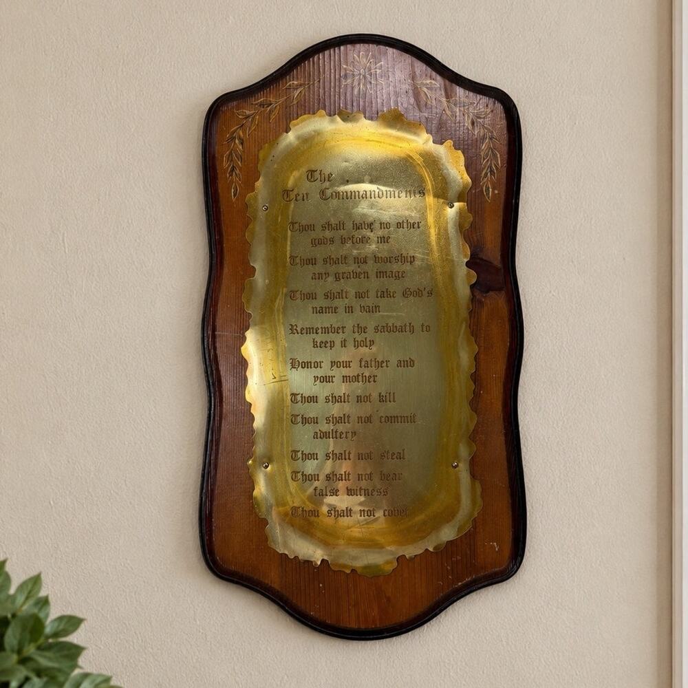 Vintage HOMCO Ten Commandments Wood Brass Religious Wall Plaque 10x19.5